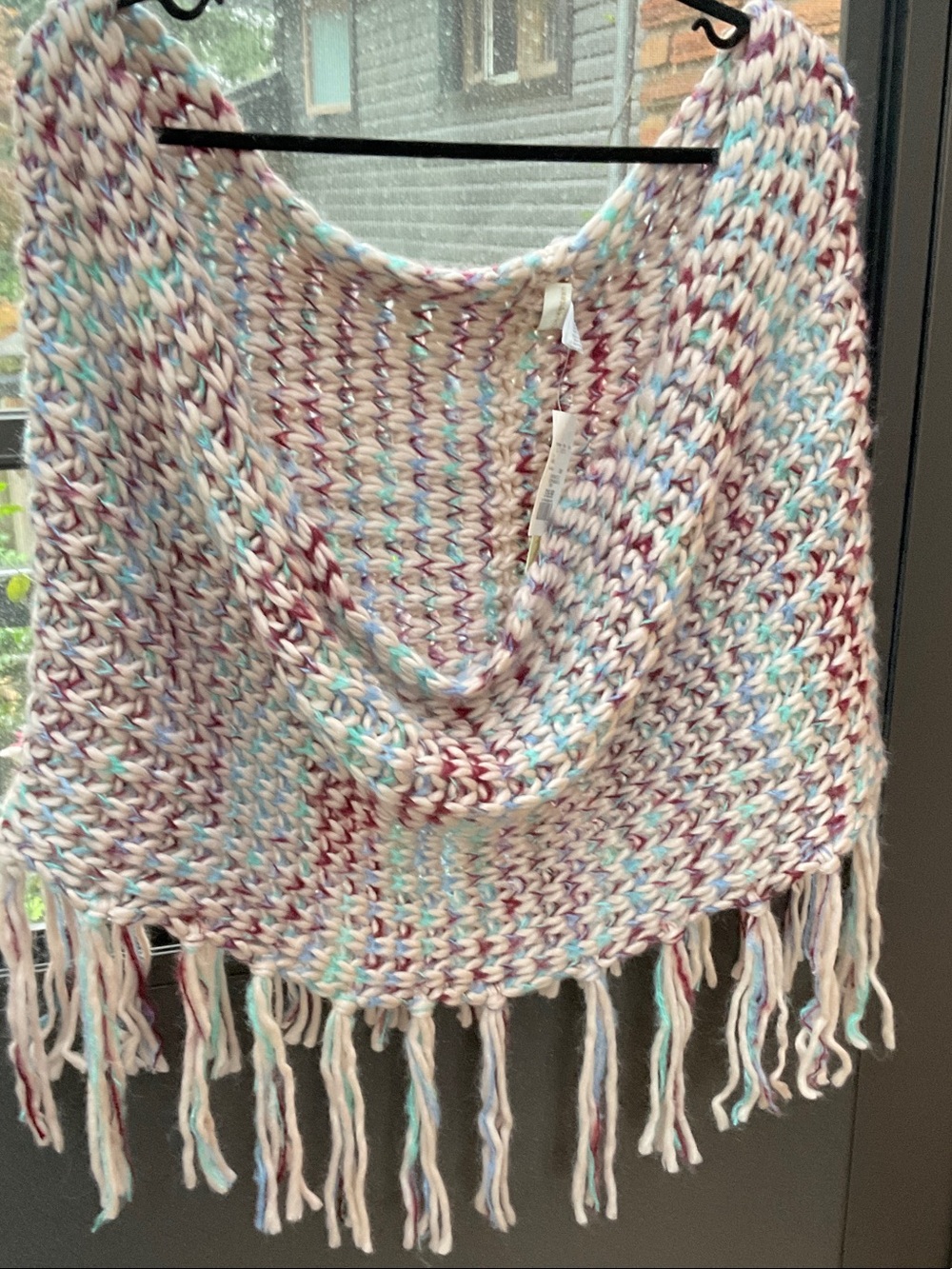 Hand-Knit Multicolor Fringe Wrap Scarf - Cream with Blue & Burgundy Accents